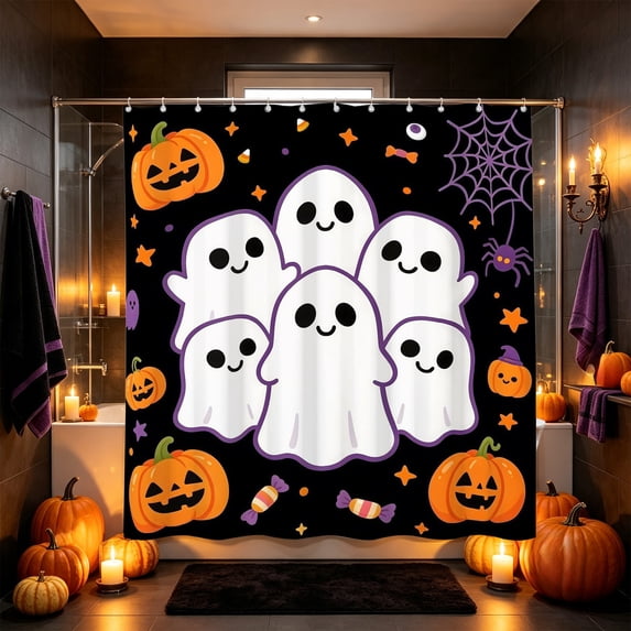 Lilixerw Halloween Shower Curtain Decoration, Cute Ghost Pumpkin Spider Printed Bath Curtain with 12 Hooks, for Bathroom, Shower Stall and Holiday Home Refresh, 70.87x70.87 inch