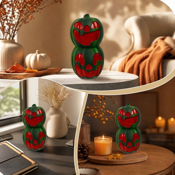 Lilixerw Halloween Stacked Pumpkin Jack O Lantern Figurine, Stacked Pumpkin Design, Jack O Lantern Detail, Green and Orange Color, for Home Decoration