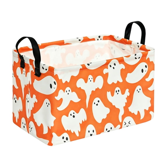 Lilixerw Halloween Storage Basket Decoration, Rectangular Foldable Organizer with White Ghost Print, for Household Space and Seasonal Scene Arrangement, 14.1x10.2x8.2 inch
