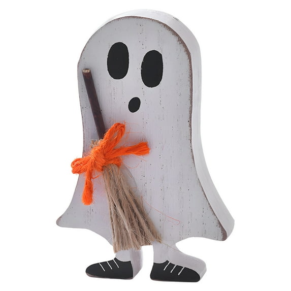 Lilixerw Halloween Wooden Ghost Decorations with Small Broom,Wooden Layered Tray Dress Up Ornaments,Halloween Table Decorations
