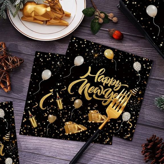 Lilixerw Happy New Year Paper Napkins Decoration, 20 Pack 6.5 Inch Black Gold with Stars Balloons for Party, Table Decor