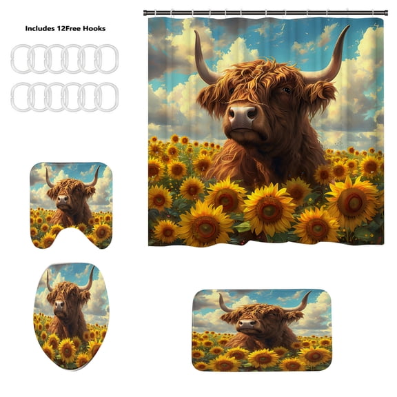 Lilixerw Highlands Cow Print Bathroom 4-Piece Set,Shower Curtain+U Mat+Toilet Lid Cover+Bath Mat,Waterproof Polyester Valentine‘s Day Decor,Home Bathroom Supplies,14.97x11.02x1.57In,Multicolor