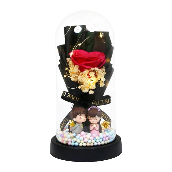 Lilixerw Hot Pink 8.46In Artificial Rose Soap Flower Bouquet in Glass Dome with LED Lights,Pretty Fake Rose Gifts for Valentine‘s Day Birthday Anniversary for Her,Spring Househld Ornament