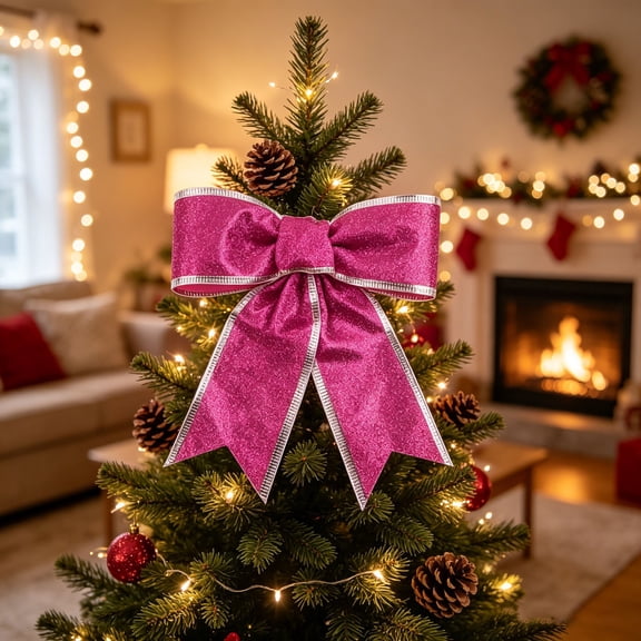 Lilixerw Hot Pink Bow Ornament, Shiny Long Tail Wired Bow with Silver Trim and Full 3D Shape, for Wreath Tree Garland Stair Railing Holiday Party Decoration
