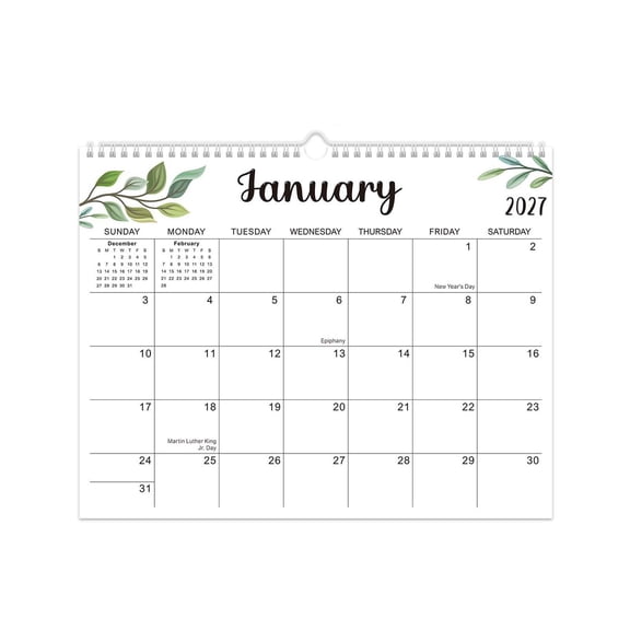 Lilixerw January 2027 Botanical Leaf Wall Calendar, January 2027 Green Botanical Leaf Pattern 12 Months Spiral, for Wall Decoration, Functional