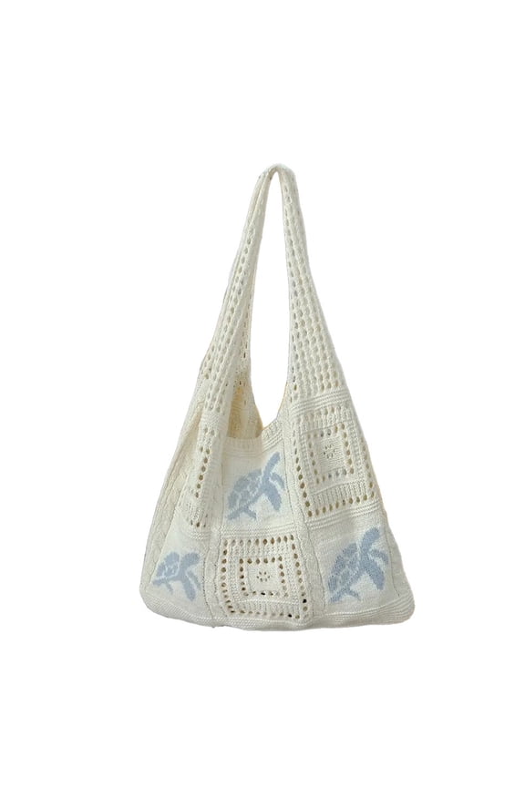 Knitted Shoulder Bag with Hollow Woven Turtle Design for Women,Lightweight Travel Beach Pack,Nylon Casual Purse,Water Bottle Pocket,Travel Supplies,15.35x12.20x1.97 in,Beige