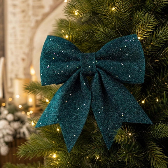 Lilixerw Large Glitter Christmas Bow, Teal Sequin Sparkly Bow with Long Dovetail Tails, for Christmas Tree Wreath Front Door Holiday Decoration