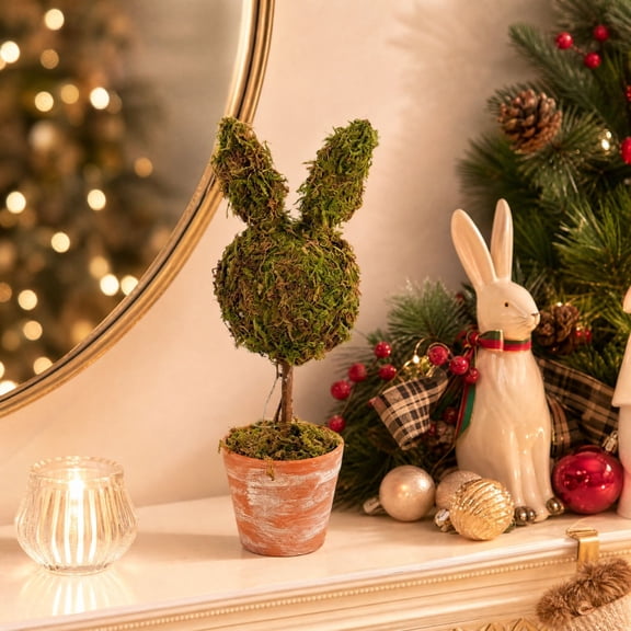 Lilixerw Moss Bunny Topiary Green Brown Rabbit Head Upright Ears Whitewashed Terracotta Pot Tabletop Decor for Home Mantel Shelf Holiday Decoration