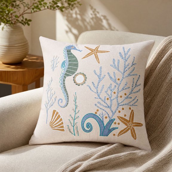 Lilixerw Ocean Pillow Cover, Seahorse Coral Embroidery Decorative Cushion Case 17.72x17.72in, for Coastal Beach House Sofa Bedroom Decoration