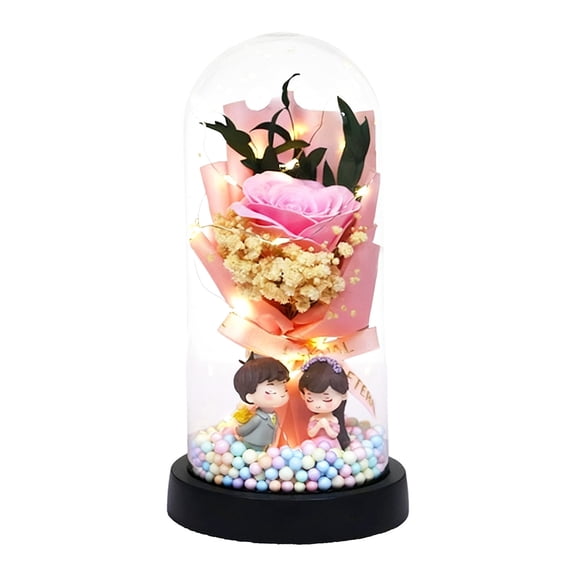 Lilixerw Pink 8.46In Artificial Rose Soap Flower Bouquet in Glass Dome with LED Lights,Pretty Fake Rose Gifts for Valentine‘s Day Birthday Anniversary for Her,Spring Househld Ornament