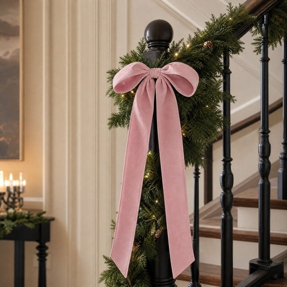 Lilixerw Pink Velvet Bow with Long Streamers, Large Pre Tied Bow with Hanging Tails 15.7x23.6in, for Christmas Tree Staircase Mantel Decoration