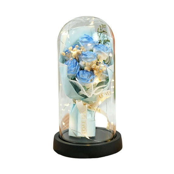 Lilixerw Preserved Rose Bouquet with LED Glass Dome,7 Festive Roses,Romantic Valentine's Day Gift with Light,Blue Keepsake Home Decor,8.66x4.65x4.65In