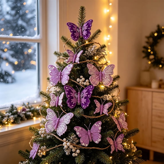 Lilixerw Purple Glitter Butterfly Clips 10 Pack, Mesh Tulle Artificial Butterflies 11.02x7.28x0.79 inch, for Christmas Tree Wreath Garland Holiday Decoration
