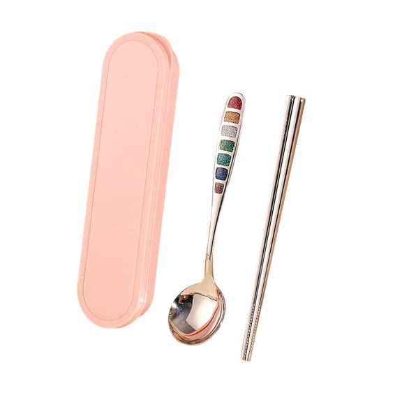 Lilixerw Rainbow Enamel Spoon and Chopsticks Set,2-Piece Portable Cutlery Set with Storage Box,Stainless Steel Travel Utensils for Camping Office Classroom,8.66x2.16in,Pink