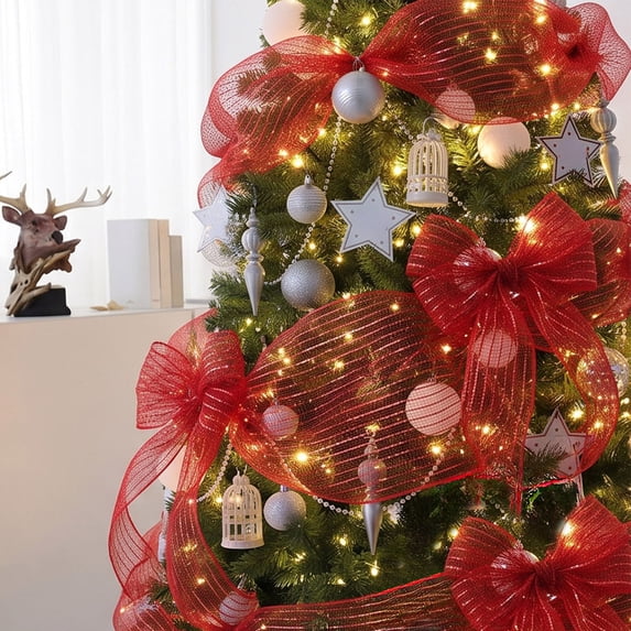 Lilixerw Red Deco Mesh Ribbon Roll, 10 Inch x 32.8 Ft Shiny Wired Edge Mesh Ribbon for Wreath Bow Garland Tree Home Holiday Decorations for Indoor Display