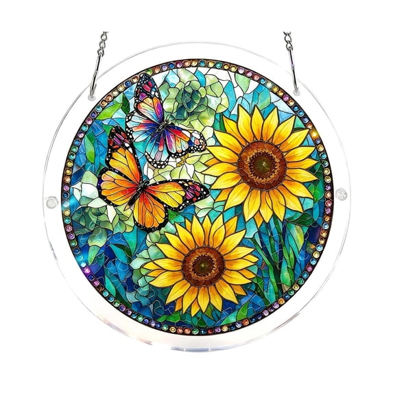 Lilixerw Round Suncatcher Hanging Ornament,Stained Glass Style Window Decoration with Sunflower and Butterfly Pattern,for Window,Garden Fence,Porch Wall Display,7.4 inch