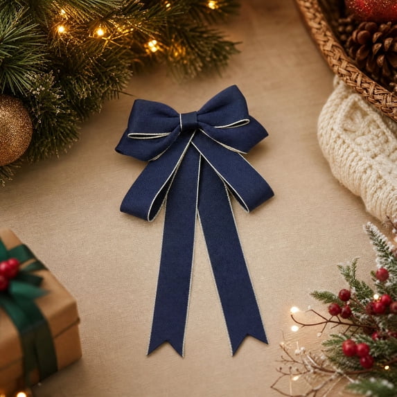 Lilixerw Satin Christmas Bow, Navy Blue Multi Loop Bow With Gold Edge And Pointed Tails, 5.12x7.09 Inch, for Tree Wreath Door Stair Decoration
