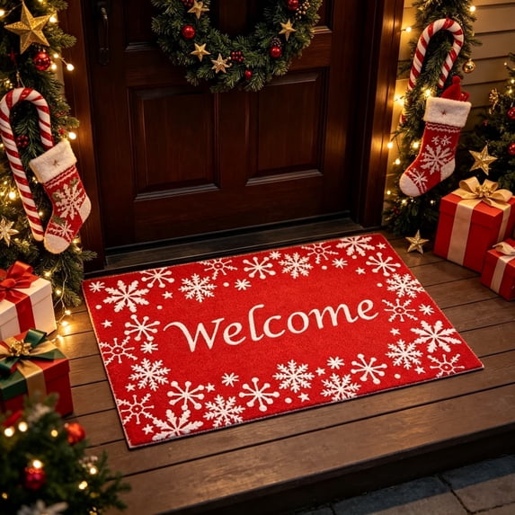Lilixerw Snowflake Welcome Doormat, Red Winter Entry Rug with White ...