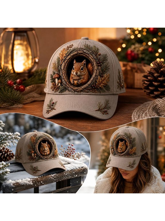 Squirrel Embroidered Baseball Cap Decoration, 7.1 x 4.7 Inch Khaki Cotton Hat with Forest Embroidery for Fall Outdoor