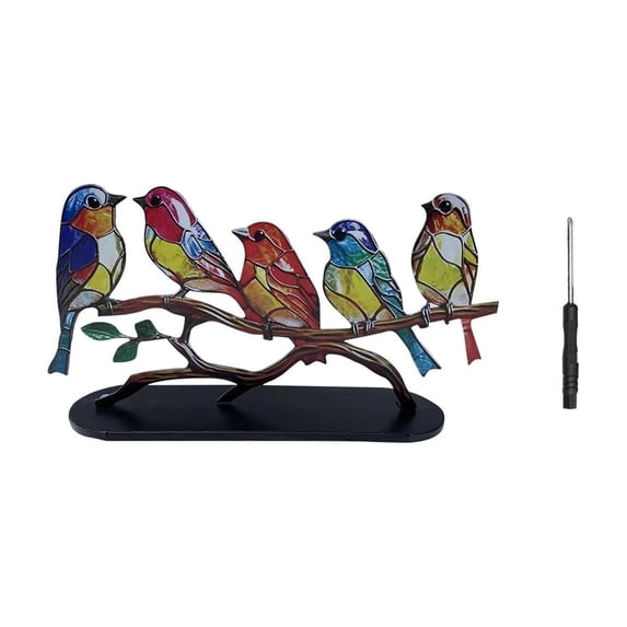 Lilixerw Stained Glass 5 Birds on Branch,Handcrafted Metal Bird Figurine Desktop Spring Ornament,Colorful Home Decor Art Gift for Office Desk,Living Room,10.63 x 5.9 in,Multicolor