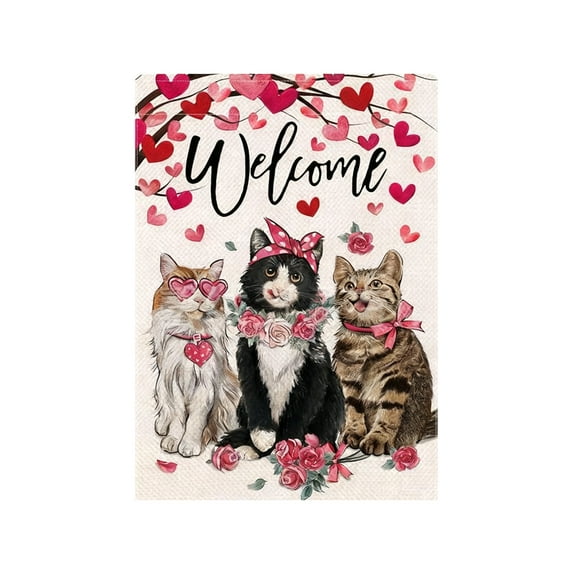 Lilixerw Valentine‘s Day 12x18 Inch Garden Flag,Double-Sided Linen Festive Banner with Pink Hearts,Fits Standard Flagpole,For Patio Yard Porch Farmhouse Outdoor Decor