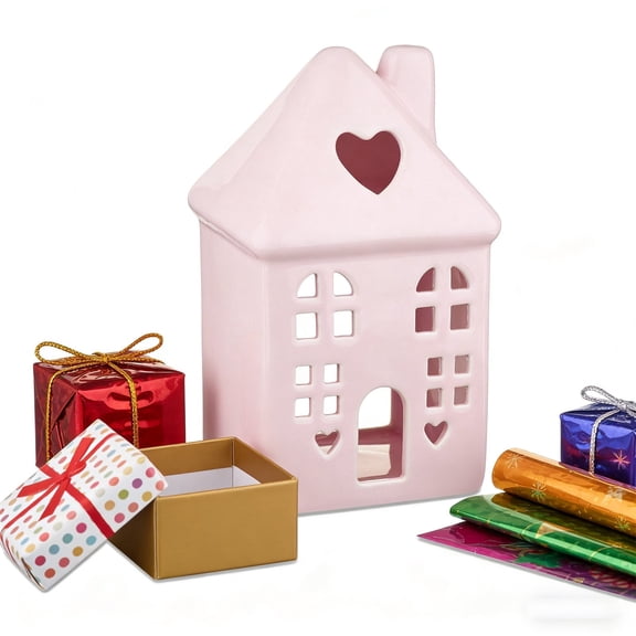 Lilixerw Valentine's Day Ceramic House Decor with Heart & Window Cutouts,Glossy Pink House Tabletop Decoration,for Shelf,Desktop Display,Perfect with Candles or Lights,6 Inch