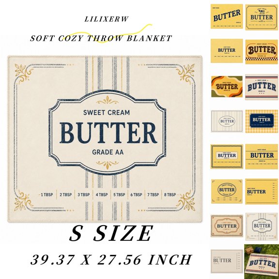 Lilixerw Vintage Butter Throw Blanket, Cream Base Navy Gold Striped Ornate Print, For Couch, Bed And Nook Decoration, 39.37 x 27.56 inch