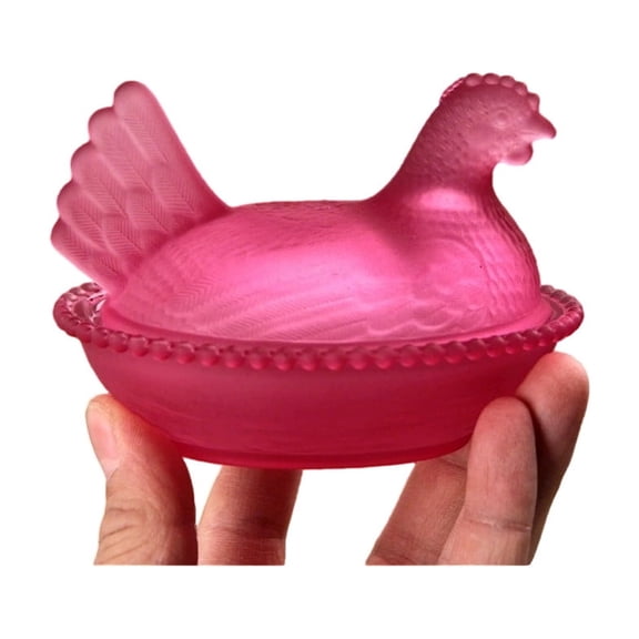 Lilixerw Vintage Glass Hen on Nest Dish with Lid,Farmhouse Chicken Shaped Candy Bowl for Kitchen,Dining Table Decor,Crystal Candy Jar for Snacks,Dessert,Cookies,4.7x3.2x3.1 Inch,Pink