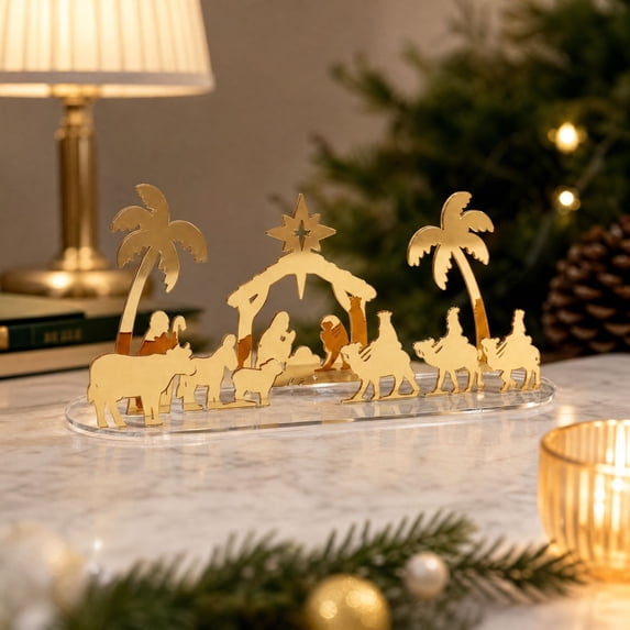 Lilixerw Wide Gold Nativity Scene Figurine, Acrylic Mirror Tabletop Decor with Palm Trees Camels on Clear Base for Christmas Home Decorations
