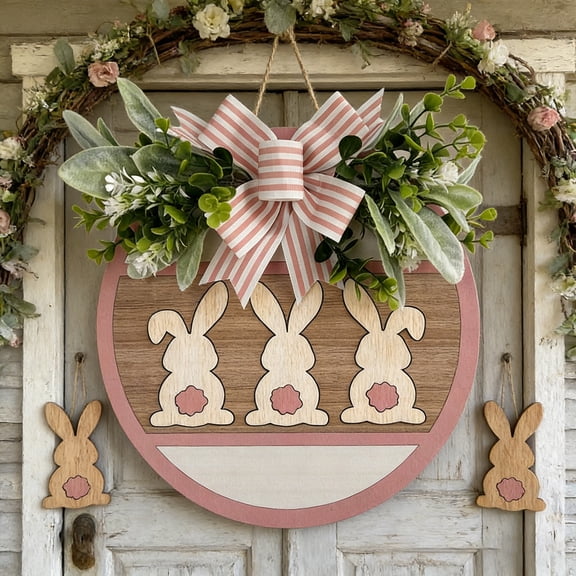 Lilixerw Wooden Bunny Tags with Bow Hanging Ornament for Wall Front Door Window,Spring Easter Home Decor,Indoor Outdoor Garden Yard Living Room Decorations,11.8 in