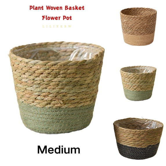 Lilixerw Woven Planter Basket, Green Medium 6.88x4.72x5.51 inch Lined Flower Pot Cover, Storage Basket for Indoor Outdoor Office Balcony Decoration
