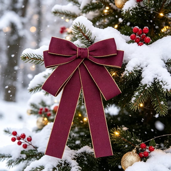 Lilixerw Woven Ribbon Christmas Bow, Burgundy Multi Loop Bow With Gold Edge Trim, 5.11x7.08 Inch, for Tree Wreath Gift Party Door Mantel Decoration