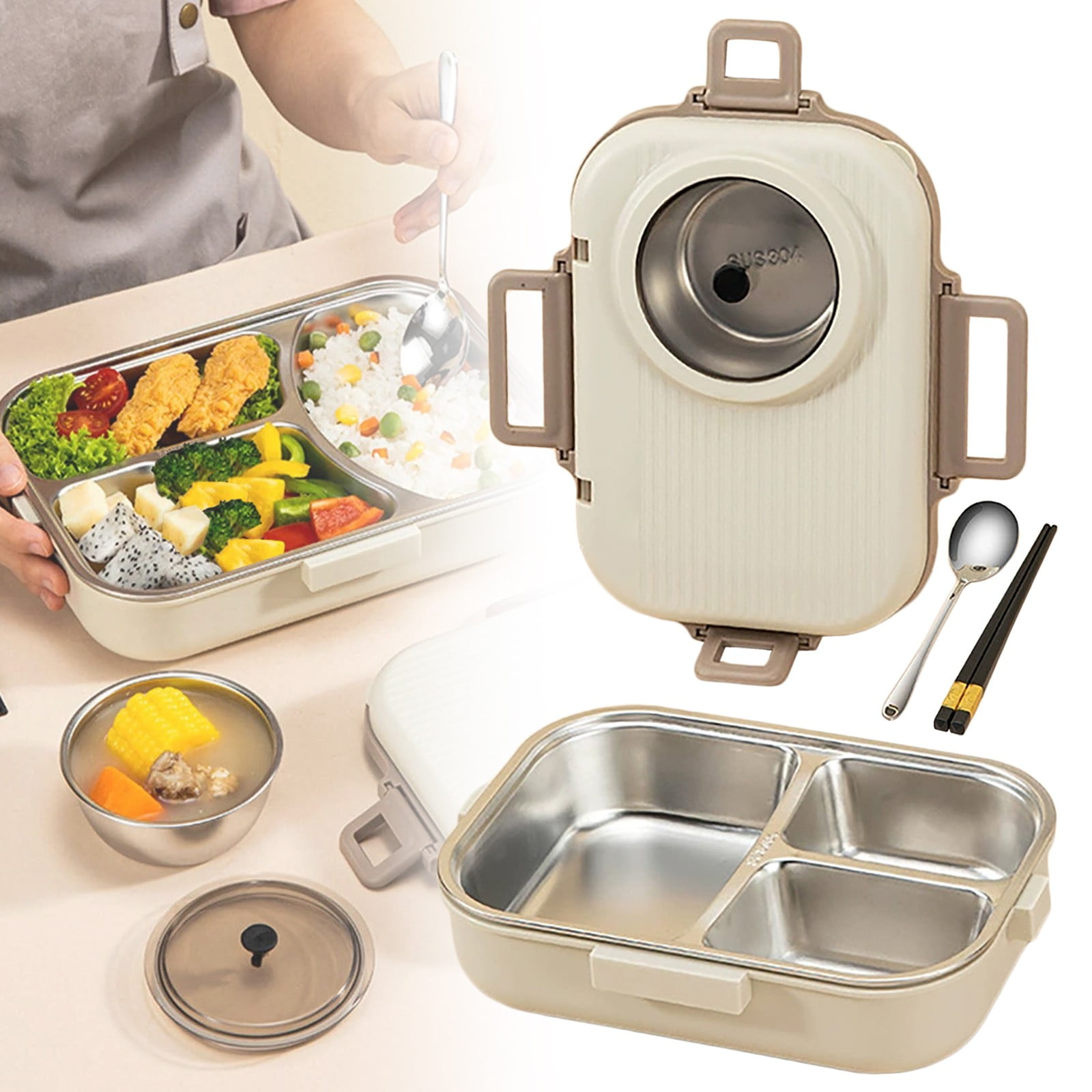 Lille Home Stainless Steel Leakproof 2-Compartment Bento Lunch Box/Portion Control Food Container with Lunch Bag and Cutlery Set, BPA Free (Beige)