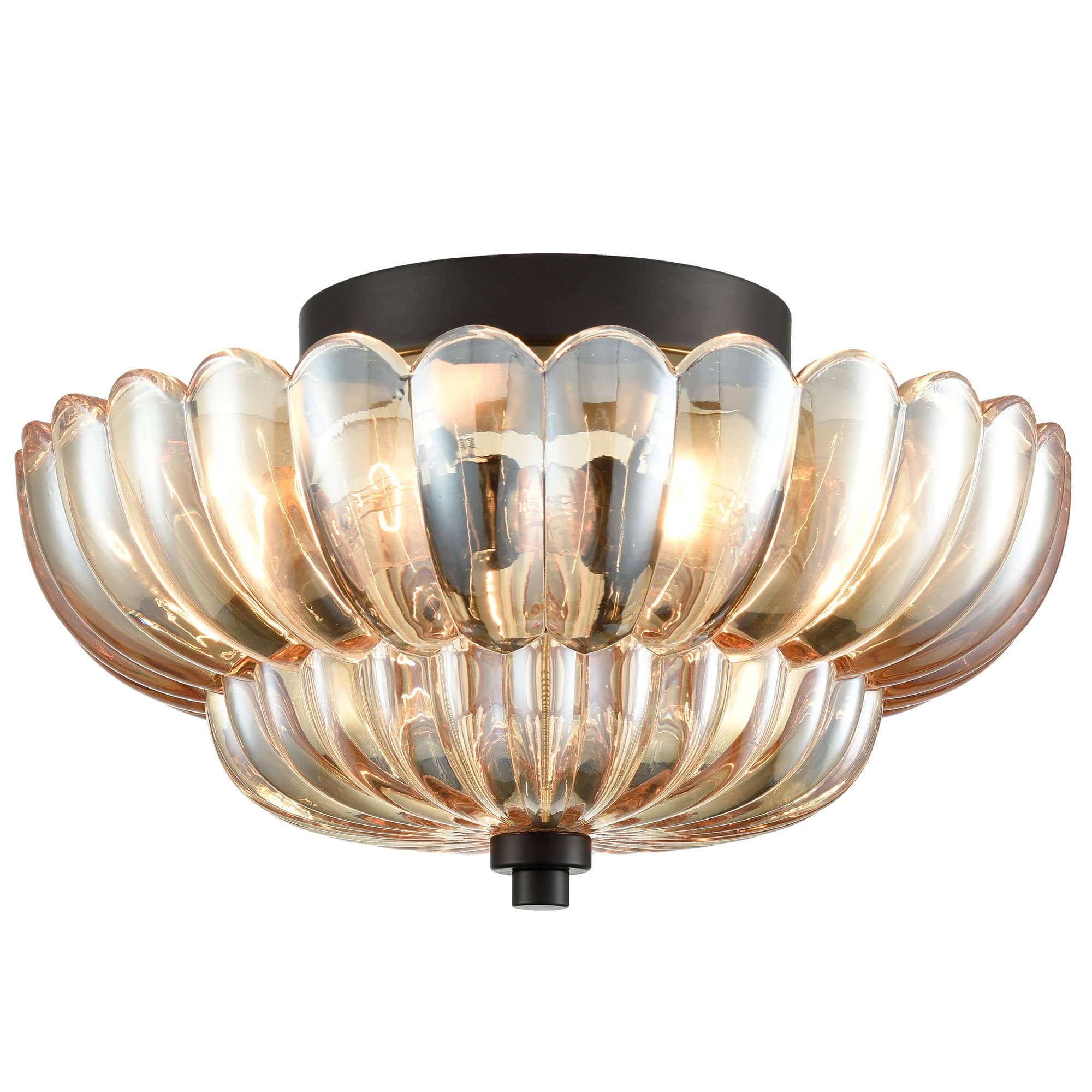 Modern Black Metal Semi-Flush Mount with Scalloped Amber Glass Shade
