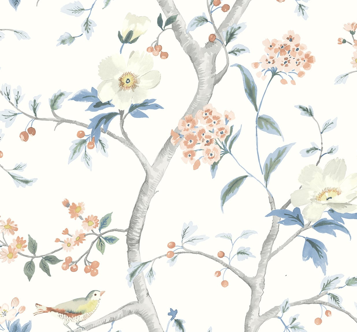 Melon and Carolina Blue Floral Trail Peel and Stick Wallpaper
