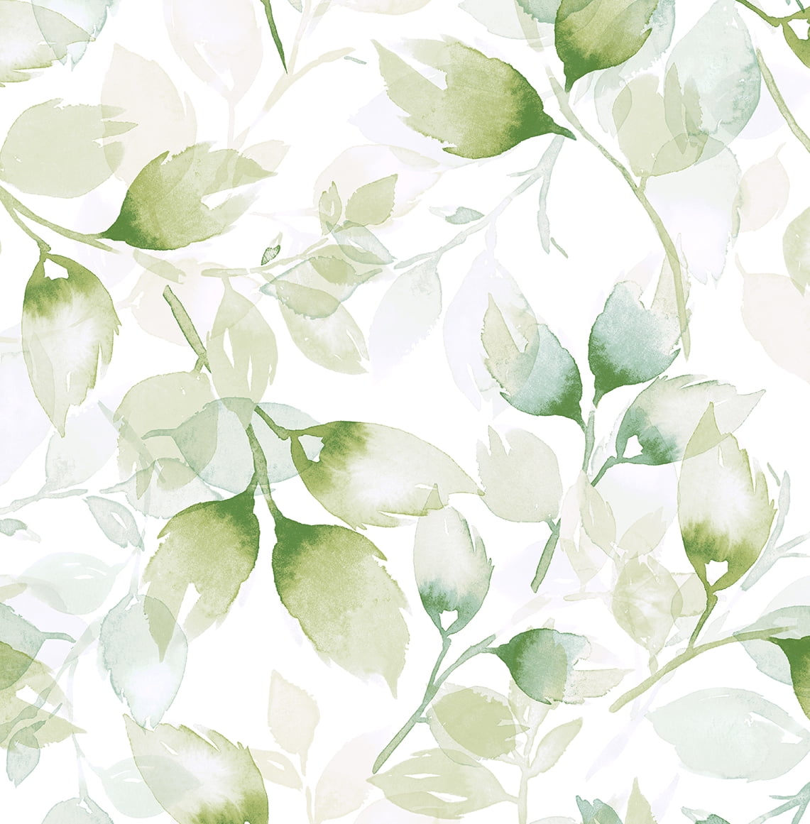 Green Ivy Watercolor Tossed Leaves Peel and Stick Vinyl Wallpaper