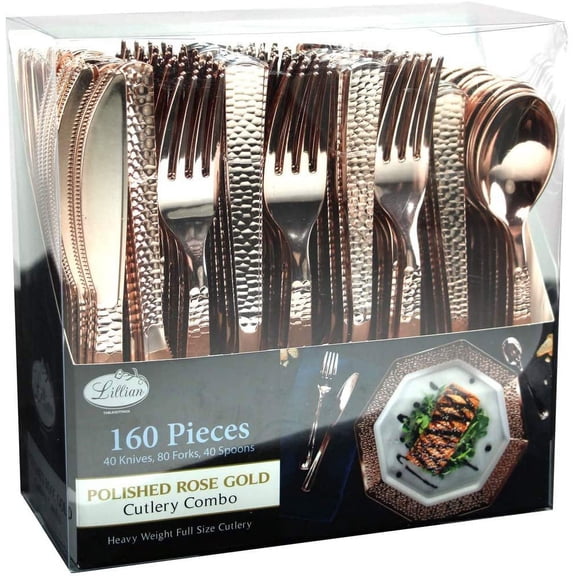 Lillian Cutlery Combo Box, Pebbled Polished Rose Gold, Heavyweight Plastic, Premium Tablesettings, 160ct, High Count