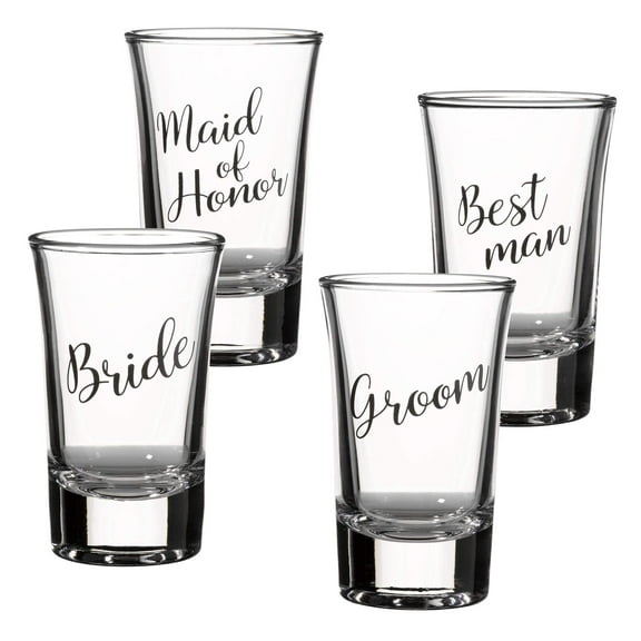 Lillian Rose Bride, Groom, Maid of Honor, and Best Man Shot Glass Set, 4 Count (Pack of 1), Clear