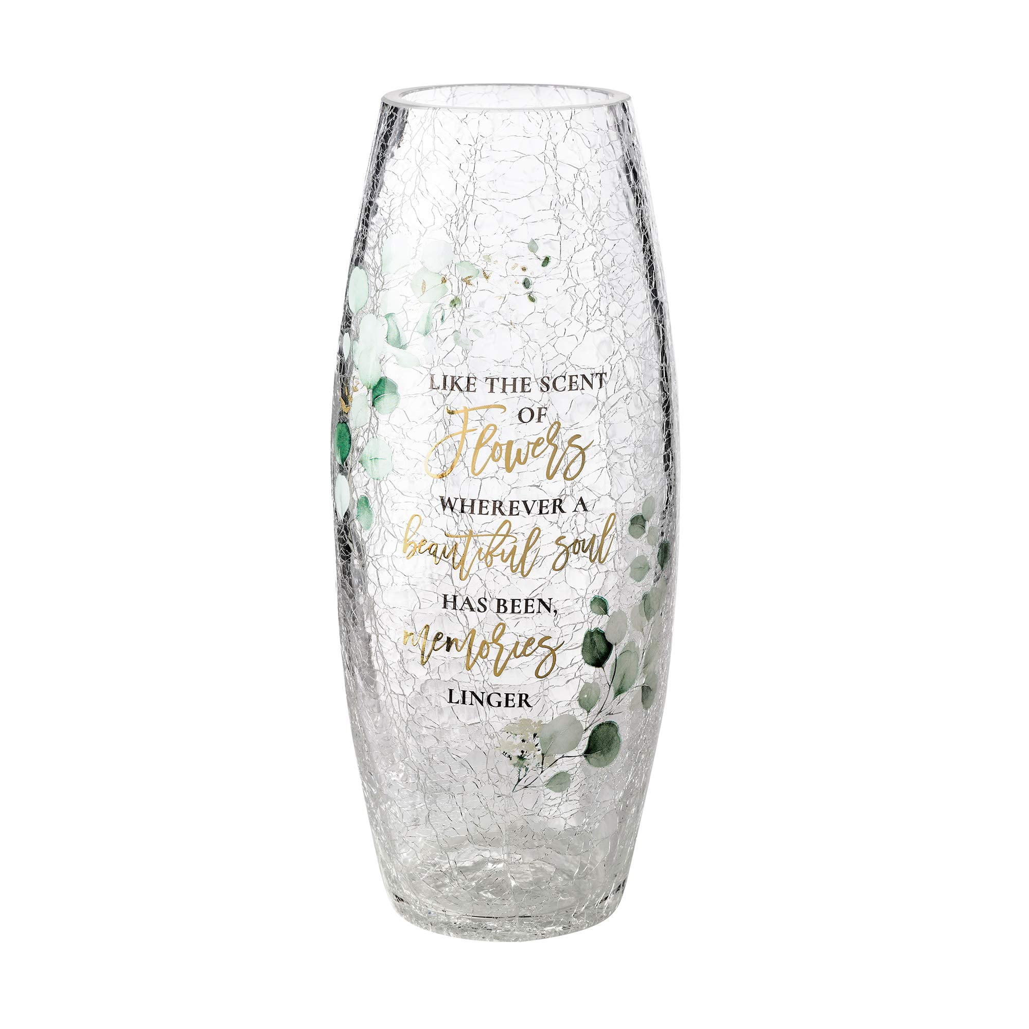 Oval Crackle Glass Memorial Vase with Gold and Green Botanical Accents