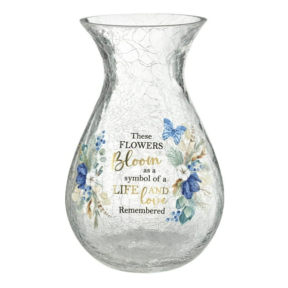 Lillian Rose Crackle Glass Memorial Flower Vase with Sympathy Verse, One Size, Blue