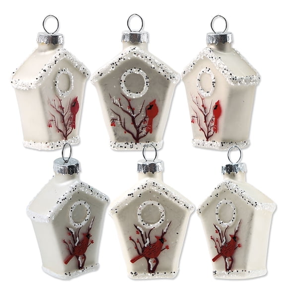 Lillian Vernon Cardinal Birdhouse Glass Christmas Ornaments - Set of 6, Hanging String, 3" Tall, Holiday Tree Dcor, Gifts