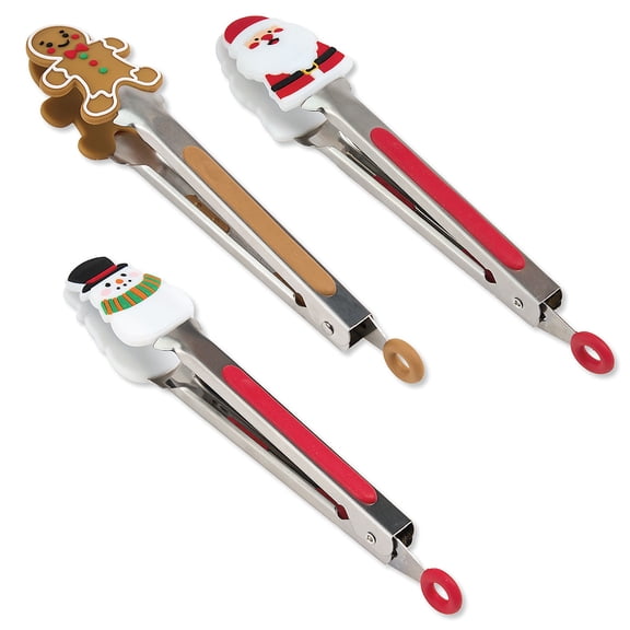 Lillian Vernon Christmas Pals Tongs, Festive Holiday Cookware, Set of 3, 8.5 Inches Long
