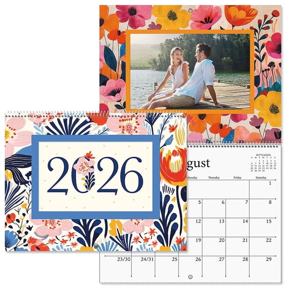 Lillian Vernon Floral Small Photo-Insert Wall Calendar, 8-3/4 Inch x 7" Closed, 14" Size Open, Photo Slide-In DIY, Bookstore-Quality, Spiral-Bound Hanging Monthly Calendars for Kitchen & Office