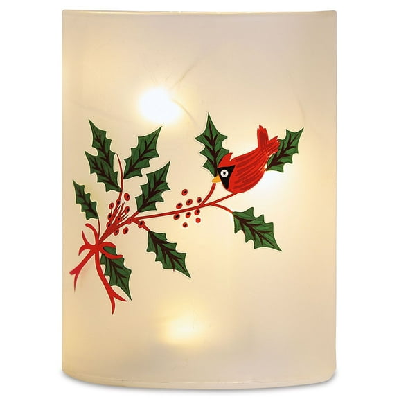 Lillian Vernon LED Glass Pillar with Cardinal, Flameless Candle Lantern, Holiday Decorations, Glass, Small, 3.5 x 5 inches Tall