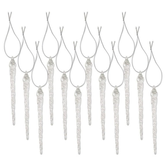 Lillian Vernon Twinkle Glass Icicle Ornaments - Set of 12, Mini Tree Decorations, Festive Holiday Home Dcor, String Included, 5" Long