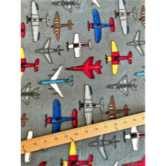 Lilly Craft Airplanes on Gray Print Fleece Fabric 58-60" Wide and Sold by the Yard