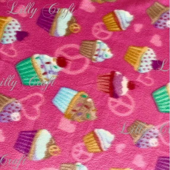 Lilly Craft Cupcakes on Pink Print Fleece Anti-Pill FABRIC 58-60" Wide Sold by the Yard