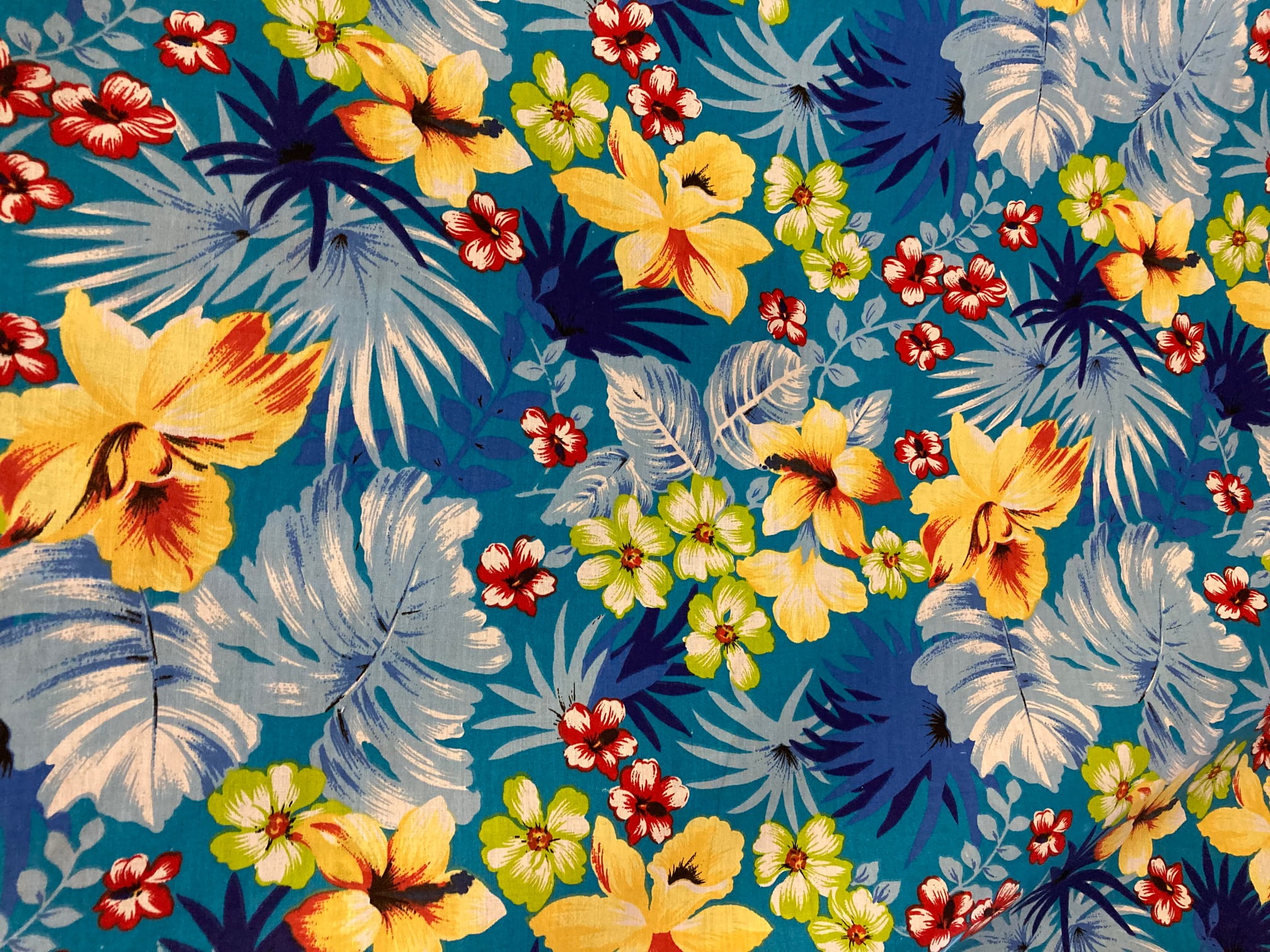 Lilly Craft Hawaiian Floral Print Aqua Polycotton Fabric 58-60