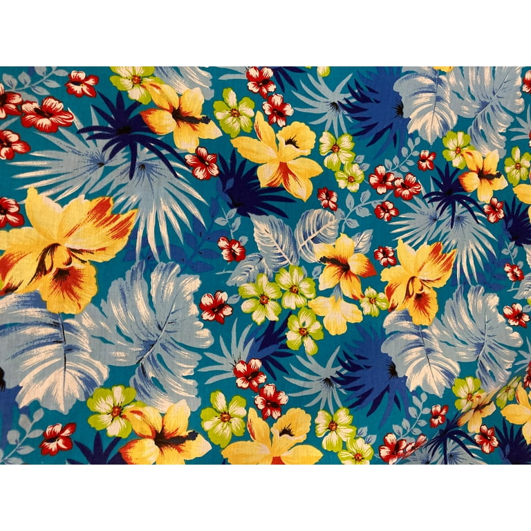 Lilly Craft Hawaiian Floral Print Aqua Polycotton Fabric 58-60