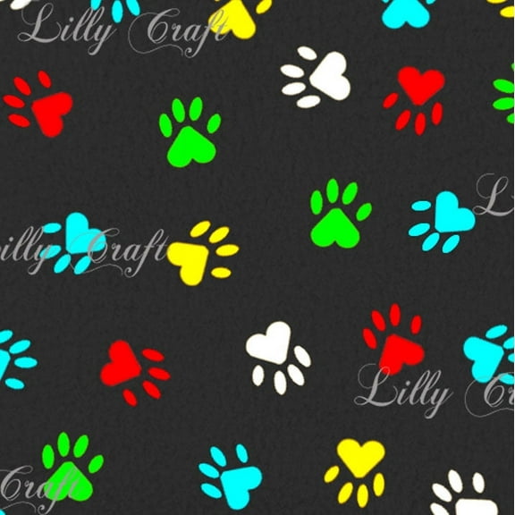 Lilly Craft Multi Color Dog Paw Print on Black Fleece Fabric 58-60" Wide Sold by the Yard